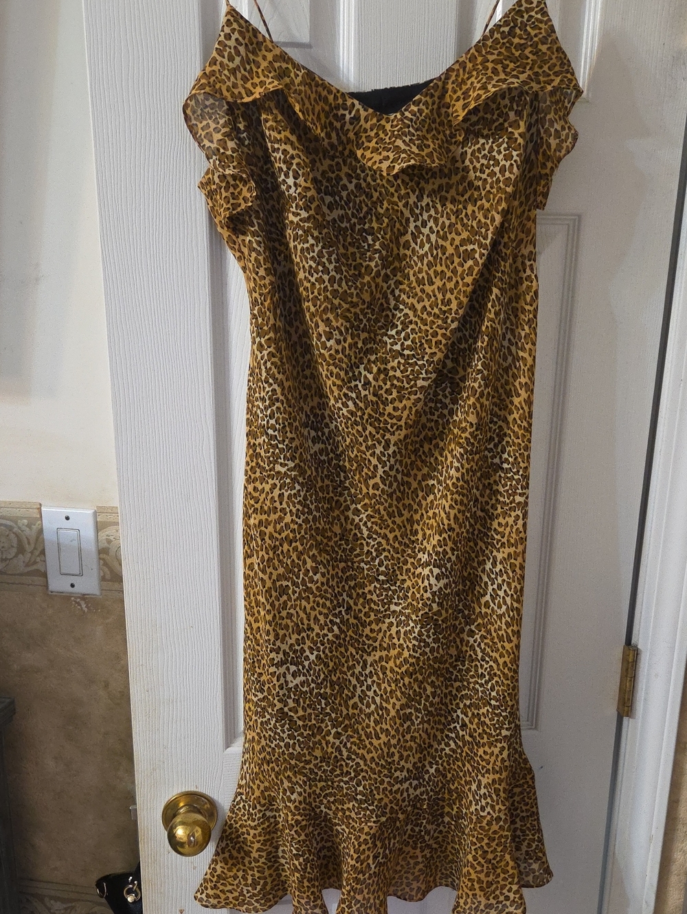 Leopard Print Ruffle Slip Dress in Brown